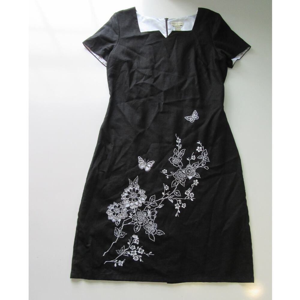 Studio Ease Black White Floral Embroidery Knee Length Linen Blend Dress Women 10